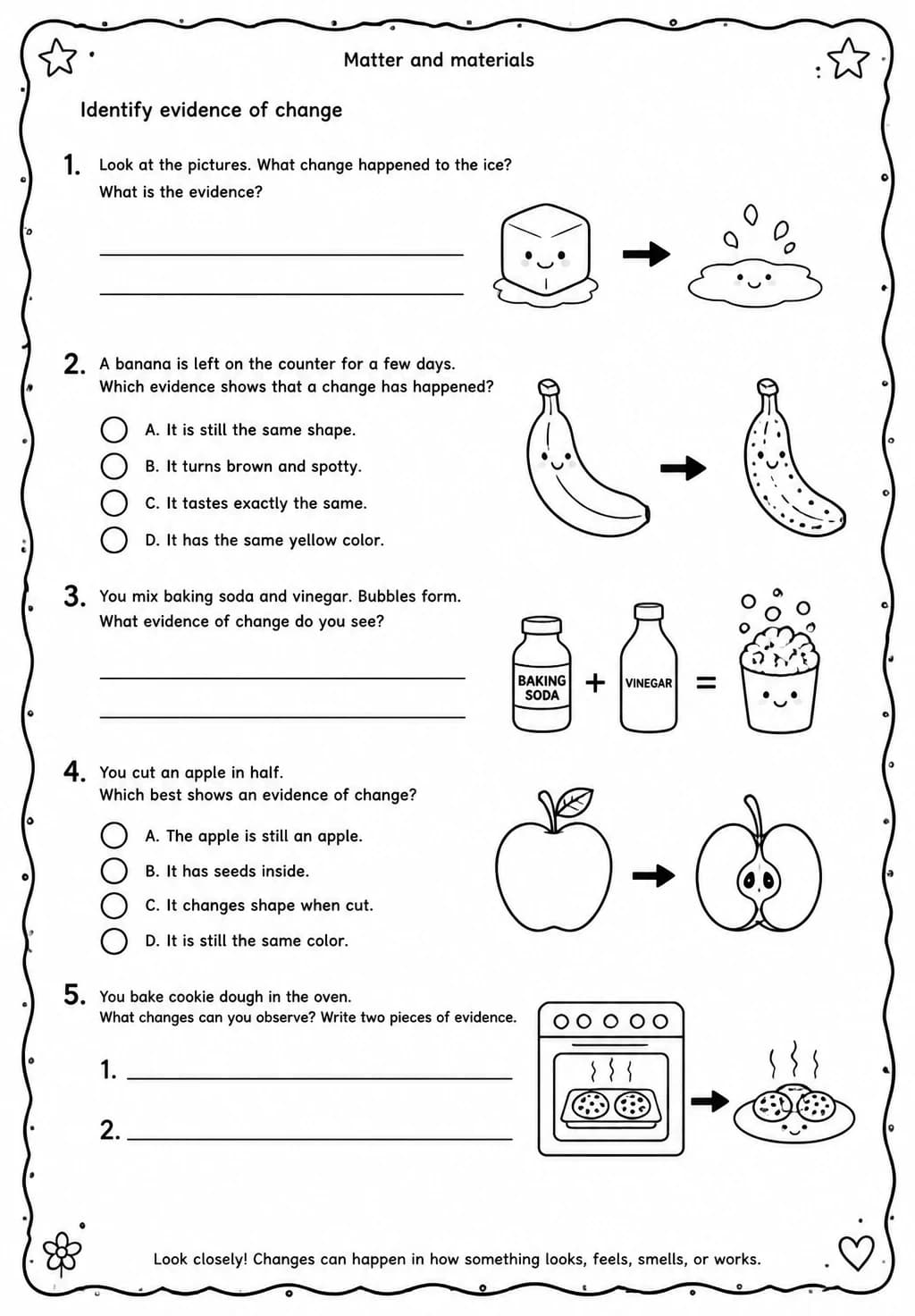 Identify evidence of change — free printable Grade 3 Science worksheet
