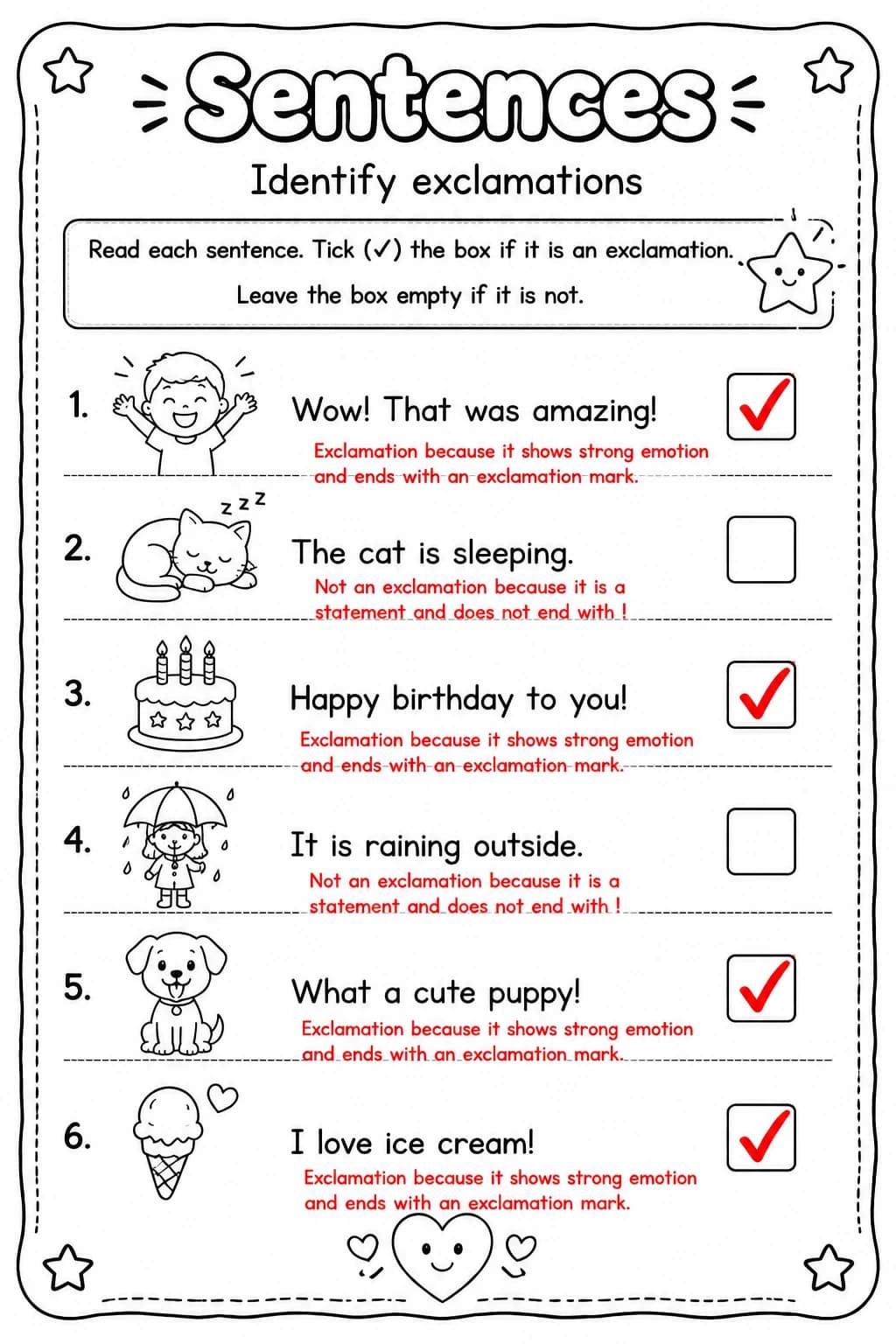 Answer key for Identify exclamations — free printable English & Reading worksheet