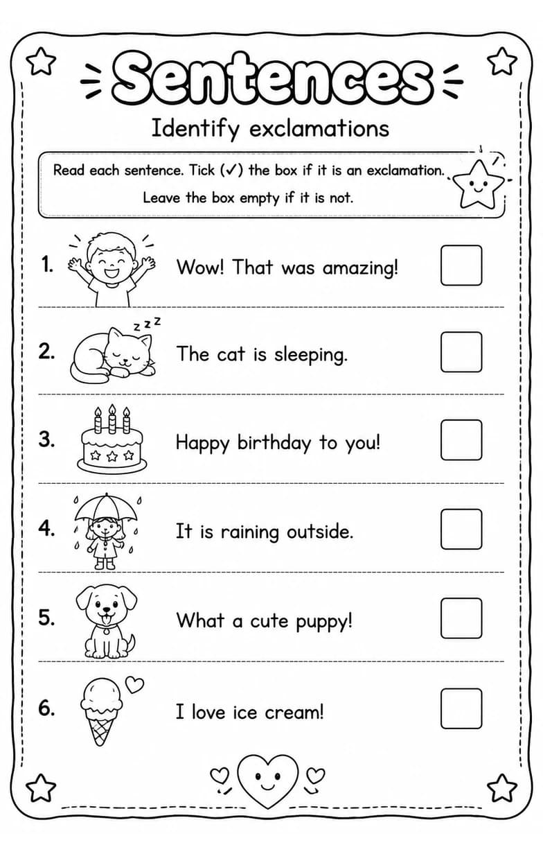Identify exclamations — free printable Grade 1 English & Reading worksheet