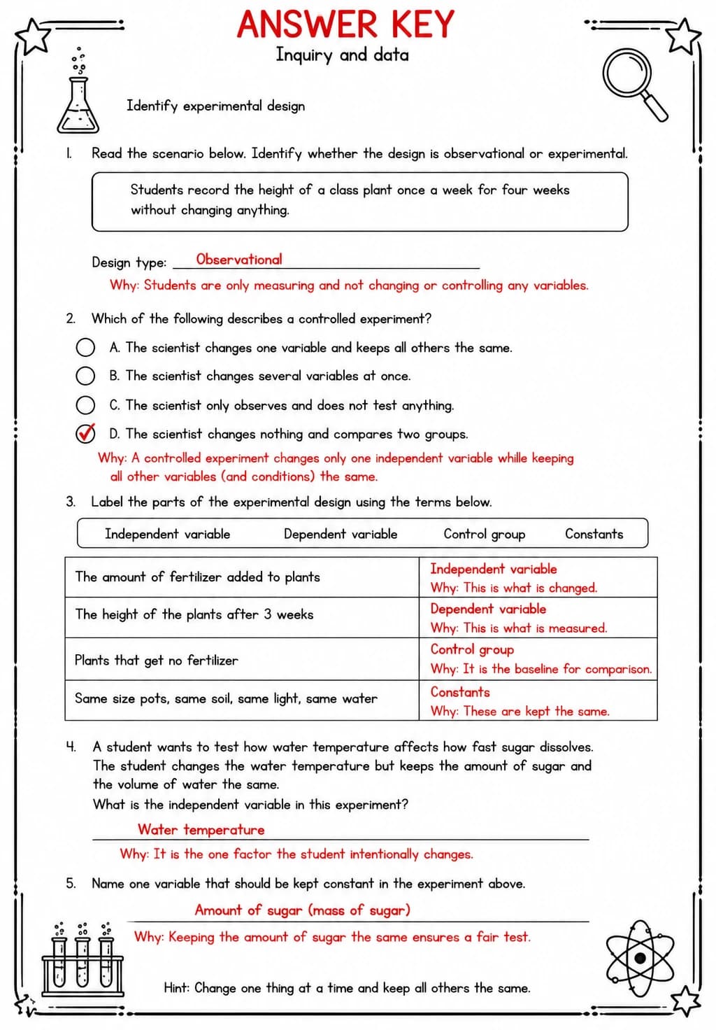 Answer key for Identify experimental design — free printable Science worksheet