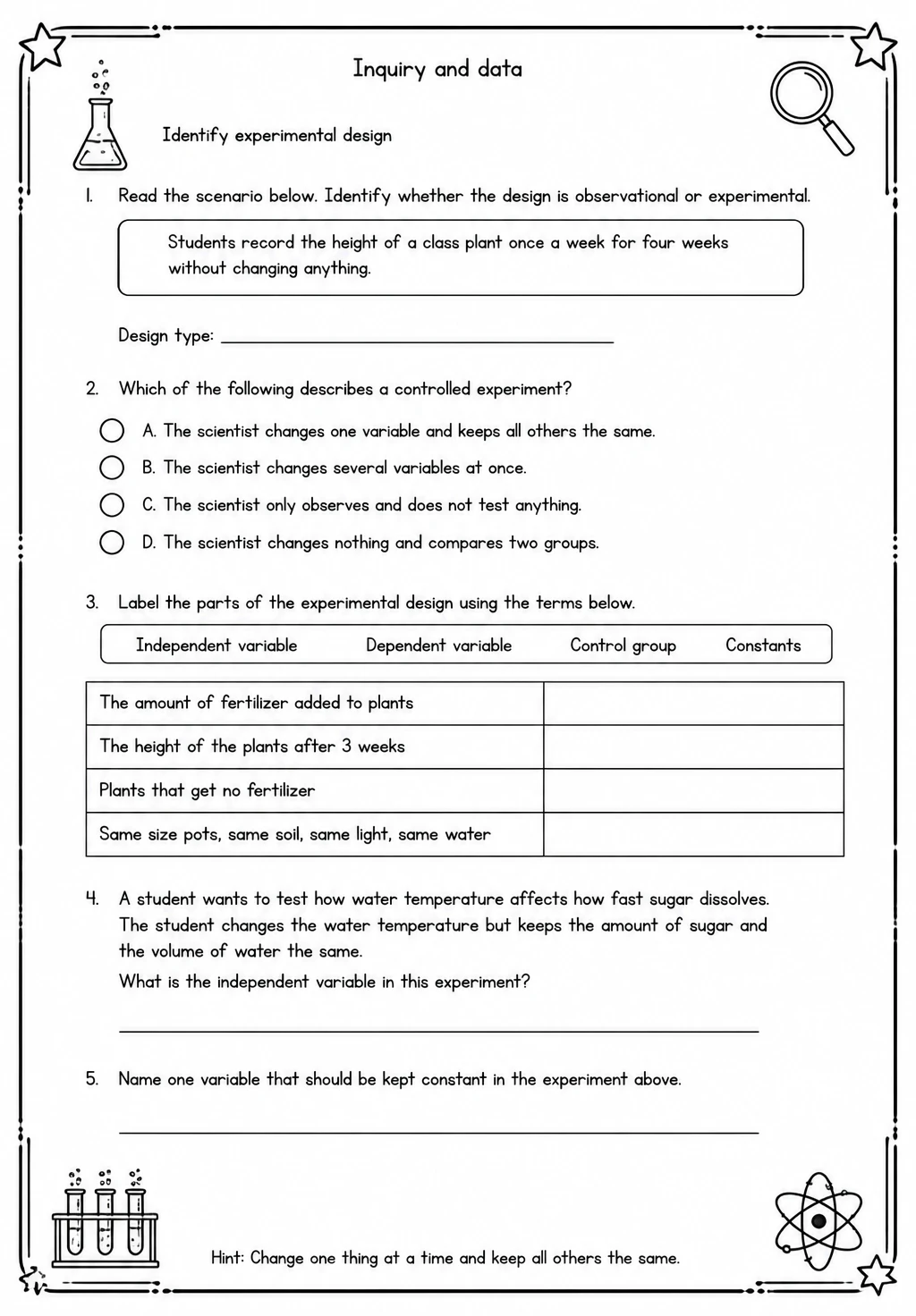 Identify experimental design — free printable Middle School Science worksheet