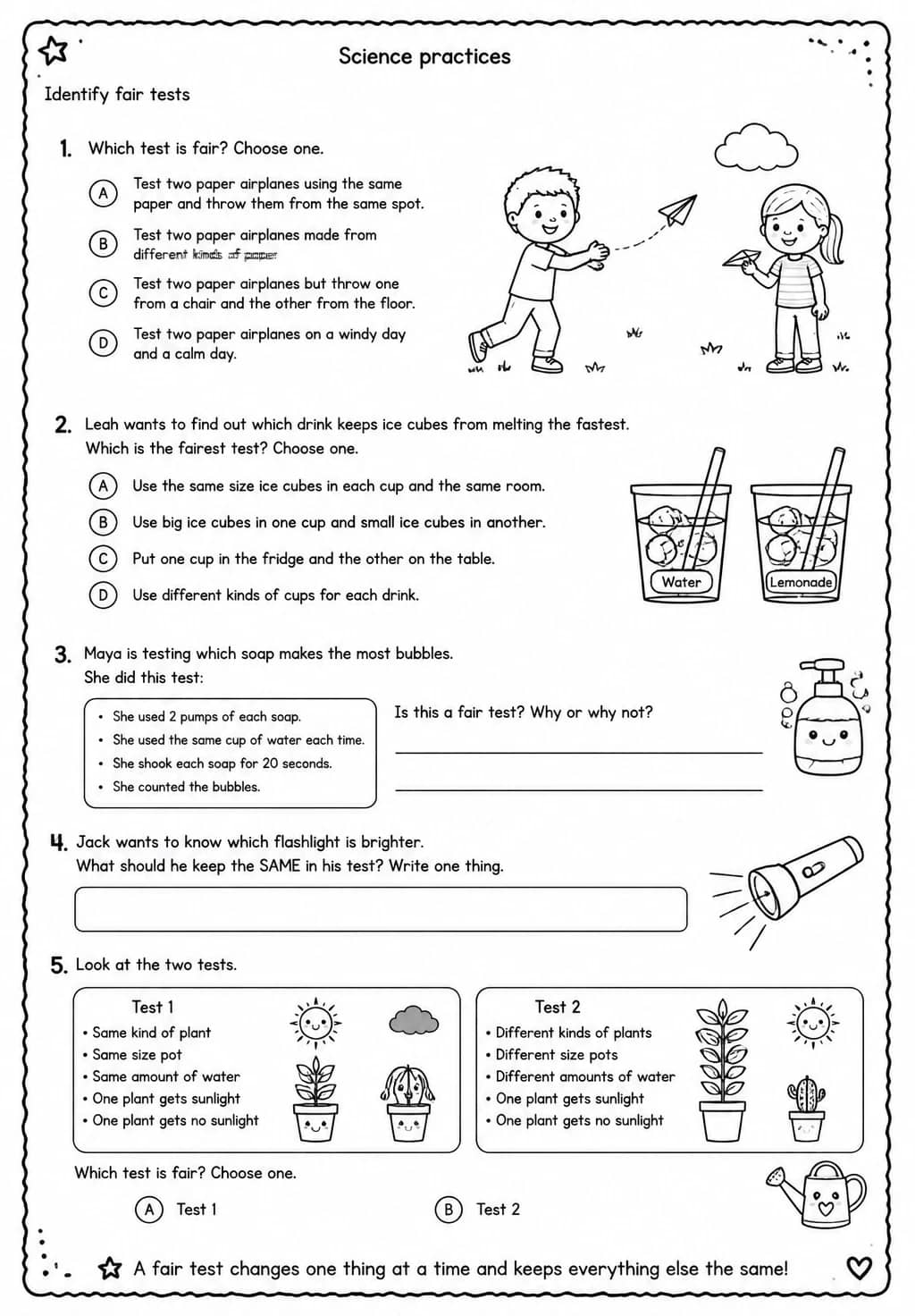 Identify fair tests — free printable Grade 3 Science worksheet