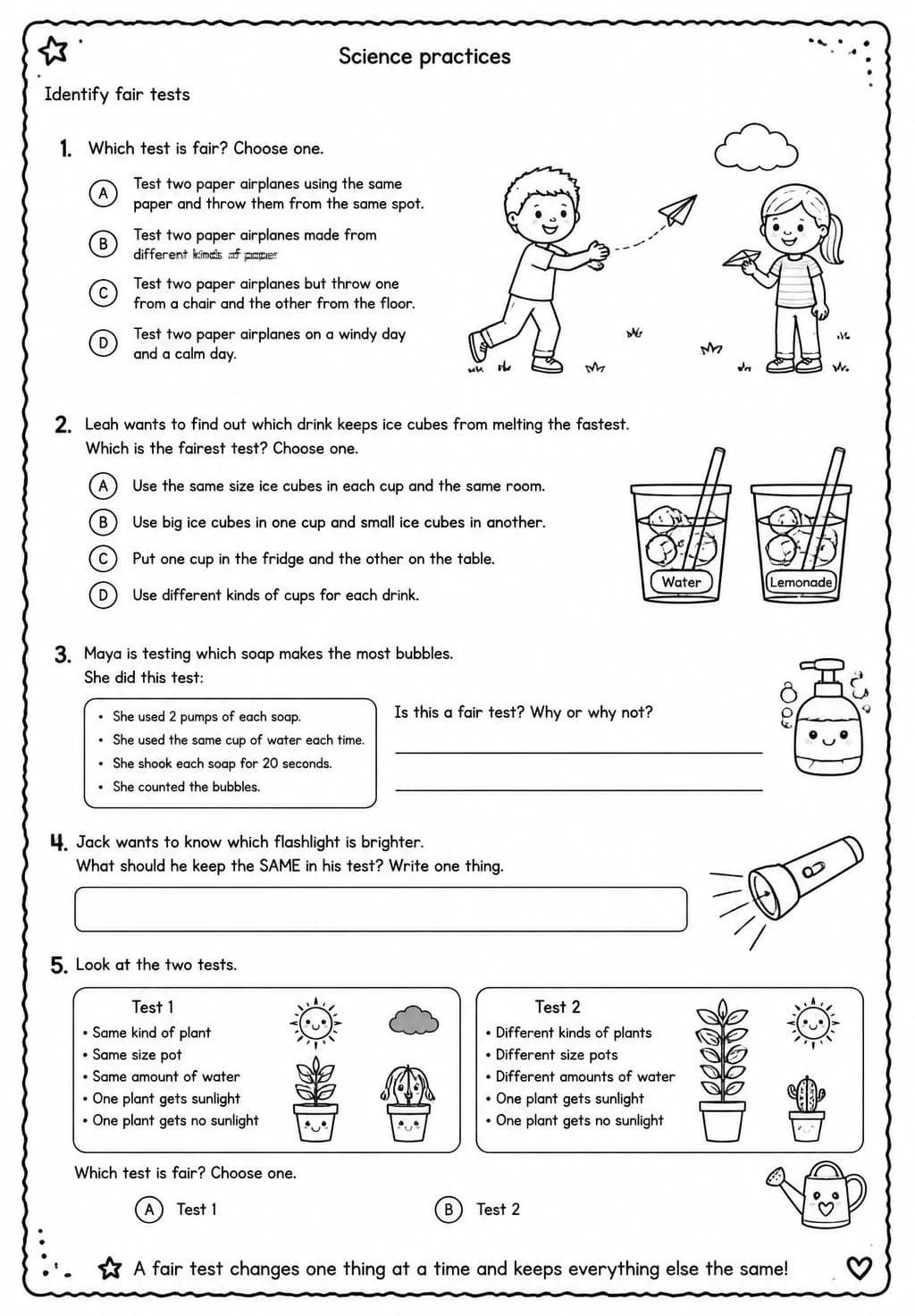 Identify fair tests — free printable Grade 3 Science worksheet