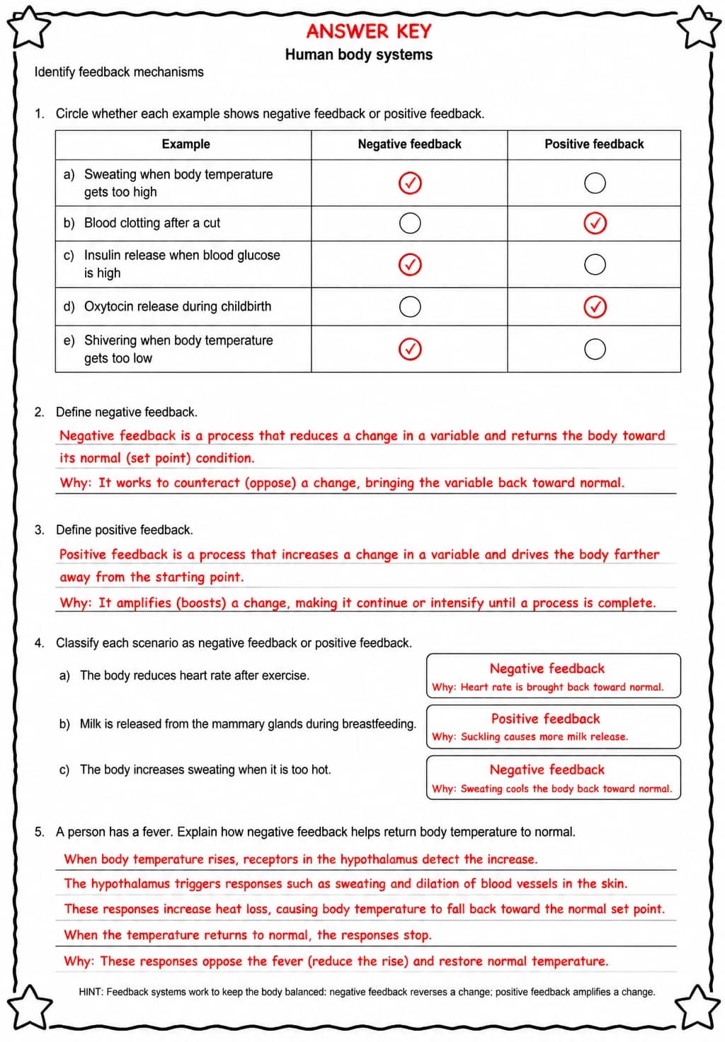 Answer key for Identify feedback mechanisms — free printable Science worksheet