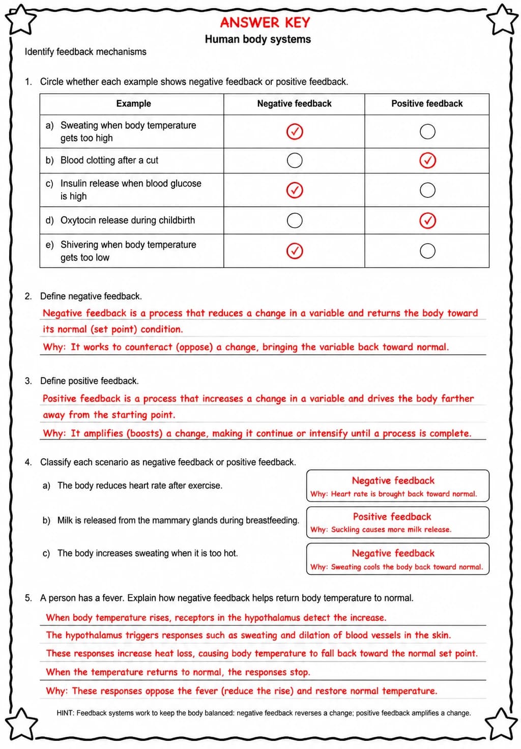 Answer key for Identify feedback mechanisms — free printable Science worksheet