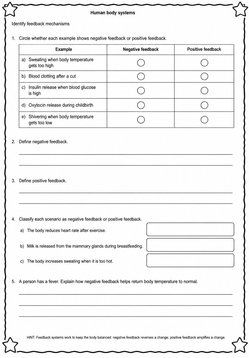 Identify feedback mechanisms — free printable Middle School Science worksheet