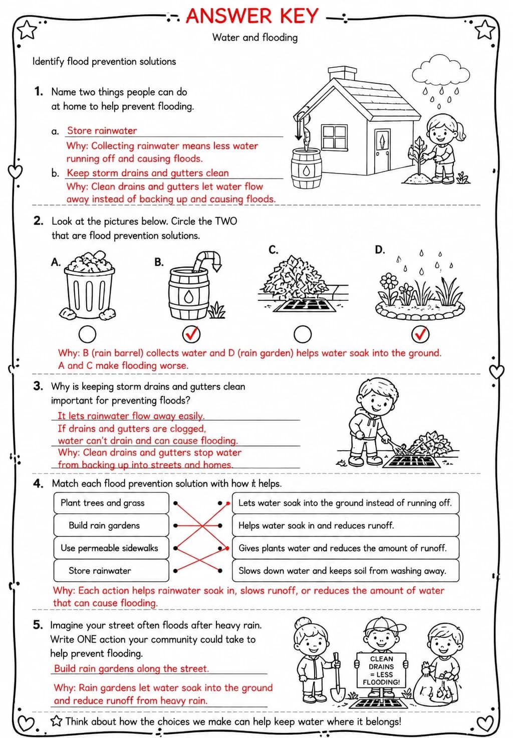 Answer key for Identify flood prevention solutions — free printable Science worksheet