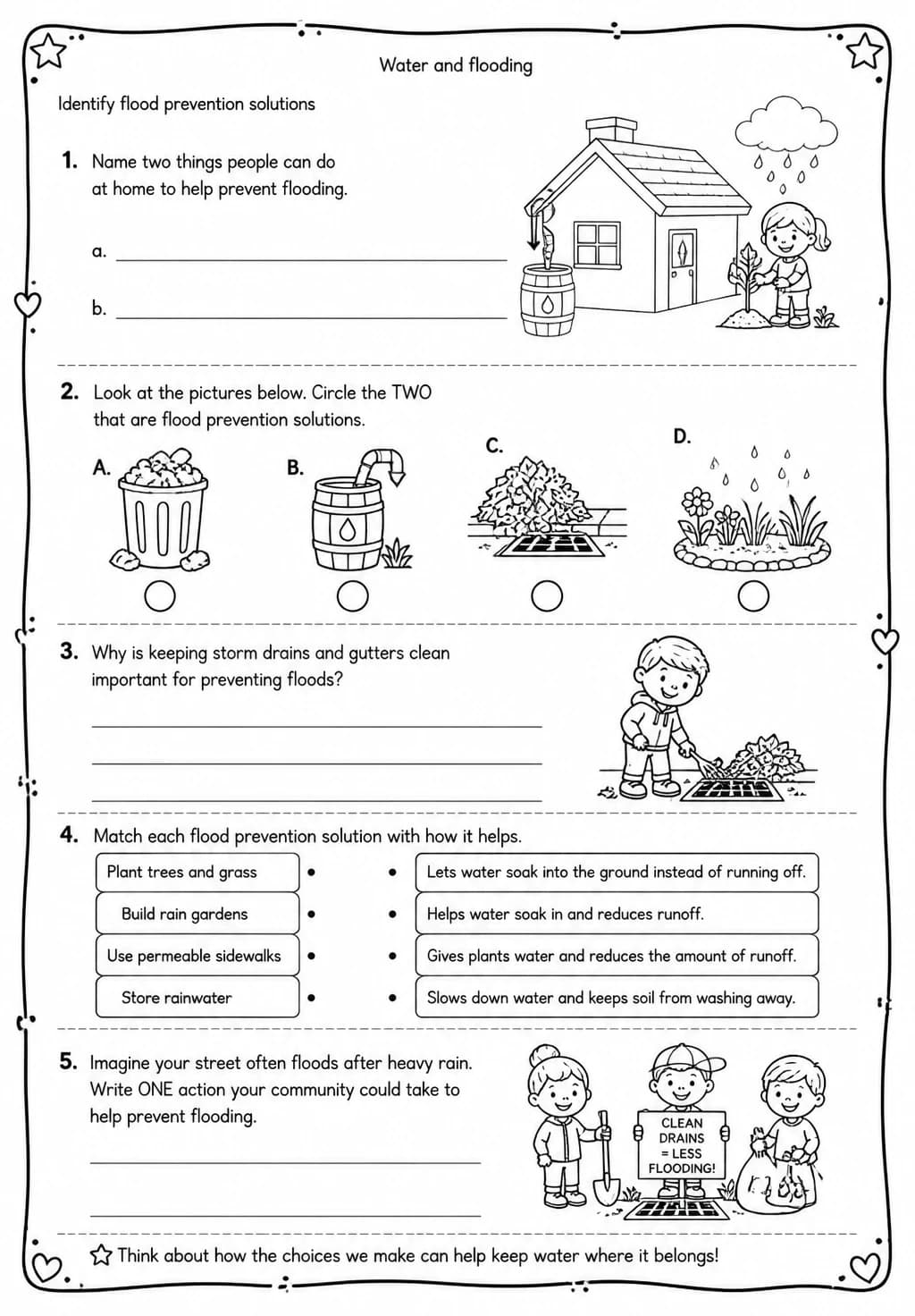 Identify flood prevention solutions — free printable Grade 4 Science worksheet