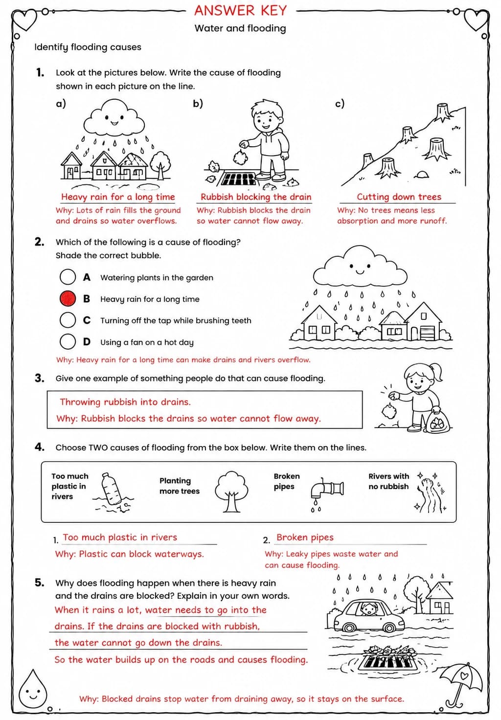 Answer key for Identify flooding causes — free printable Science worksheet