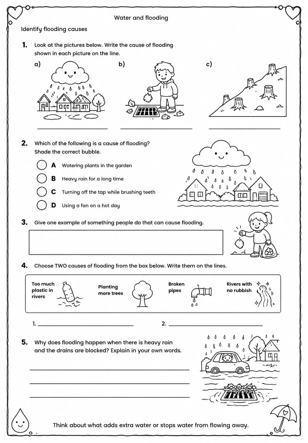 Identify flooding causes — free printable Grade 4 Science worksheet