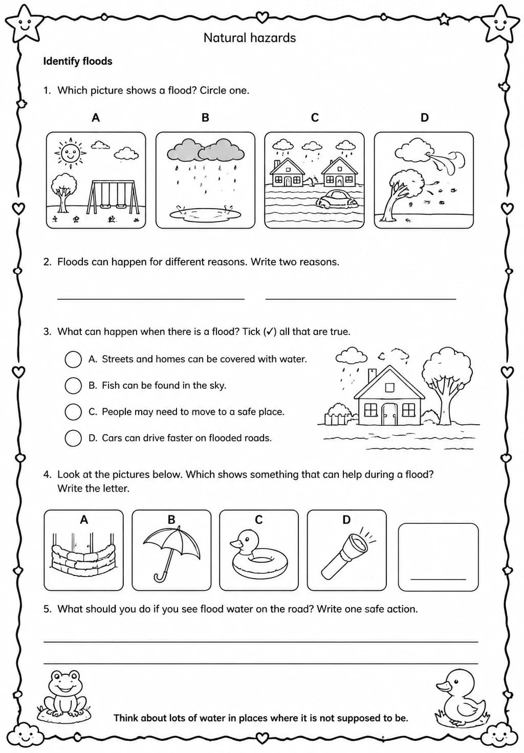 Identify floods — free printable Grade 3 Science worksheet