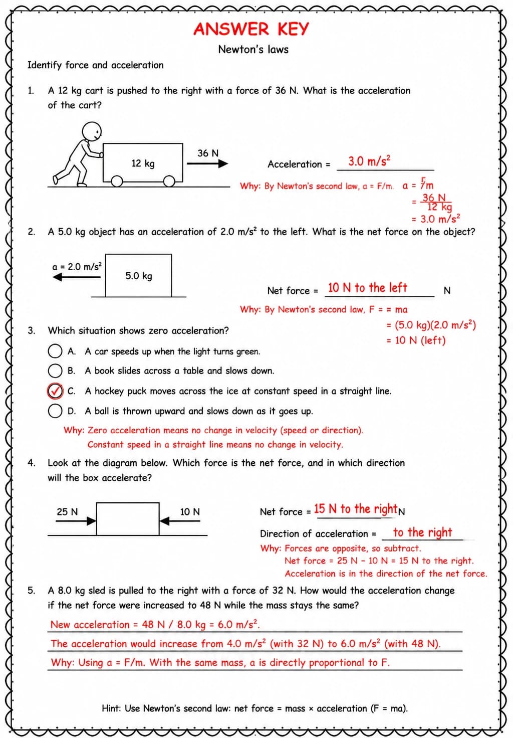 Answer key for Identify force and acceleration — free printable Science worksheet