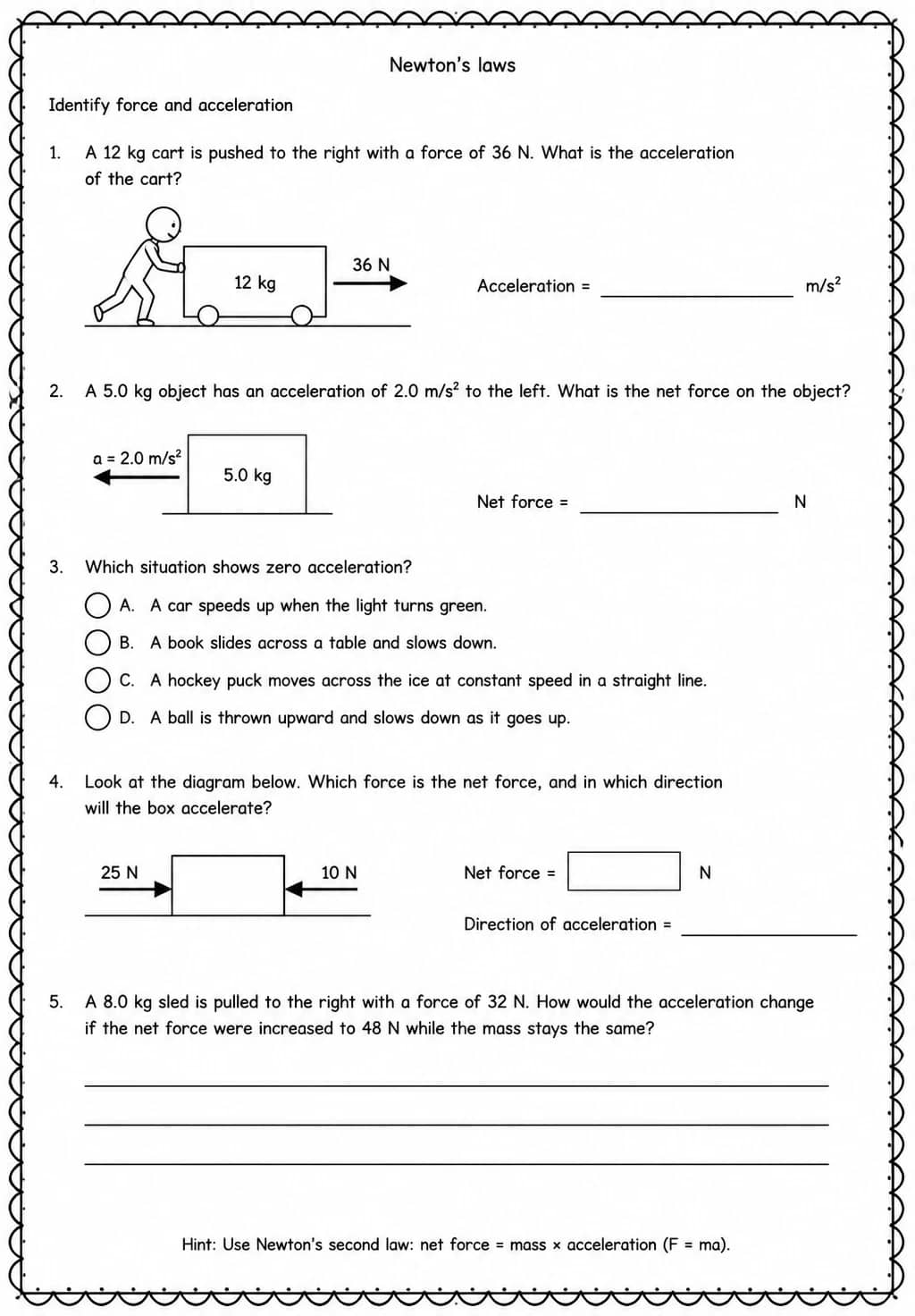 Identify force and acceleration — free printable Middle School Science worksheet