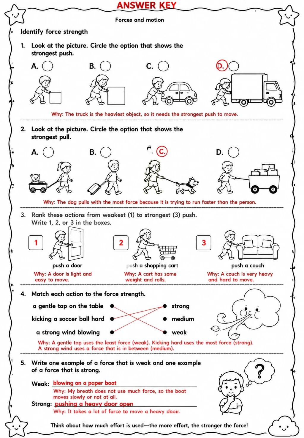 Answer key for Identify force strength — free printable Science worksheet