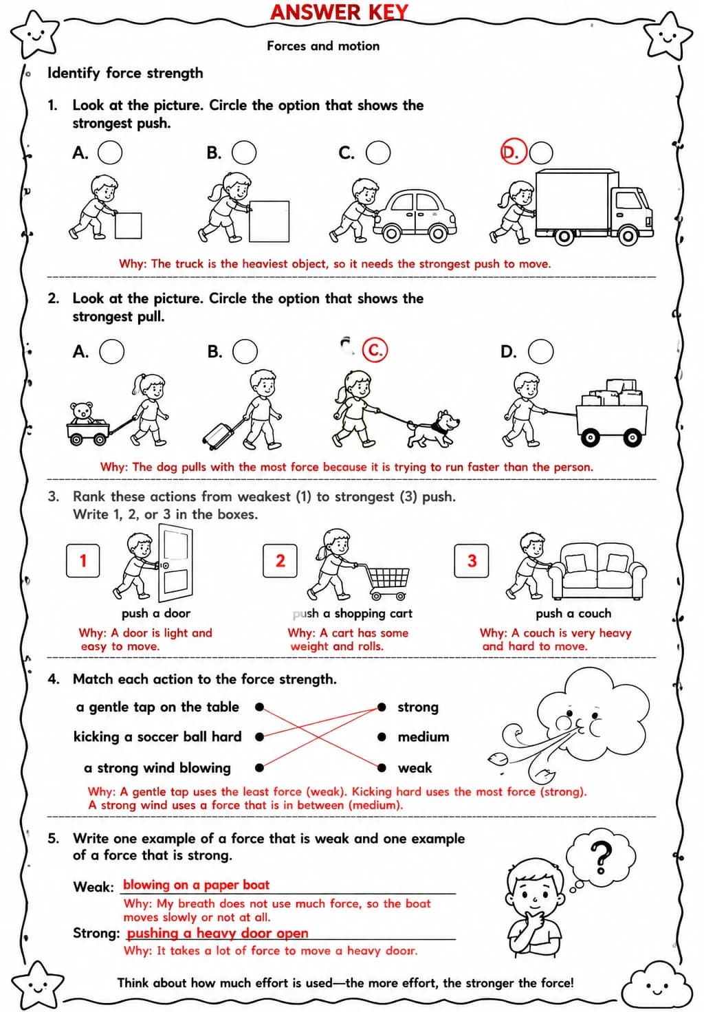 Answer key for Identify force strength — free printable Science worksheet