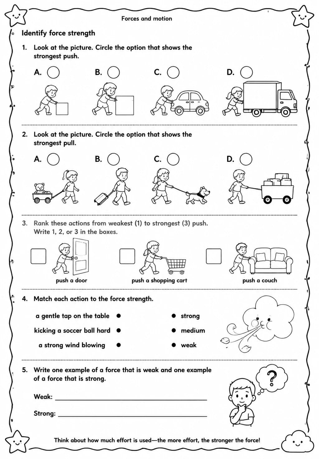 Identify force strength — free printable Grade 4 Science worksheet
