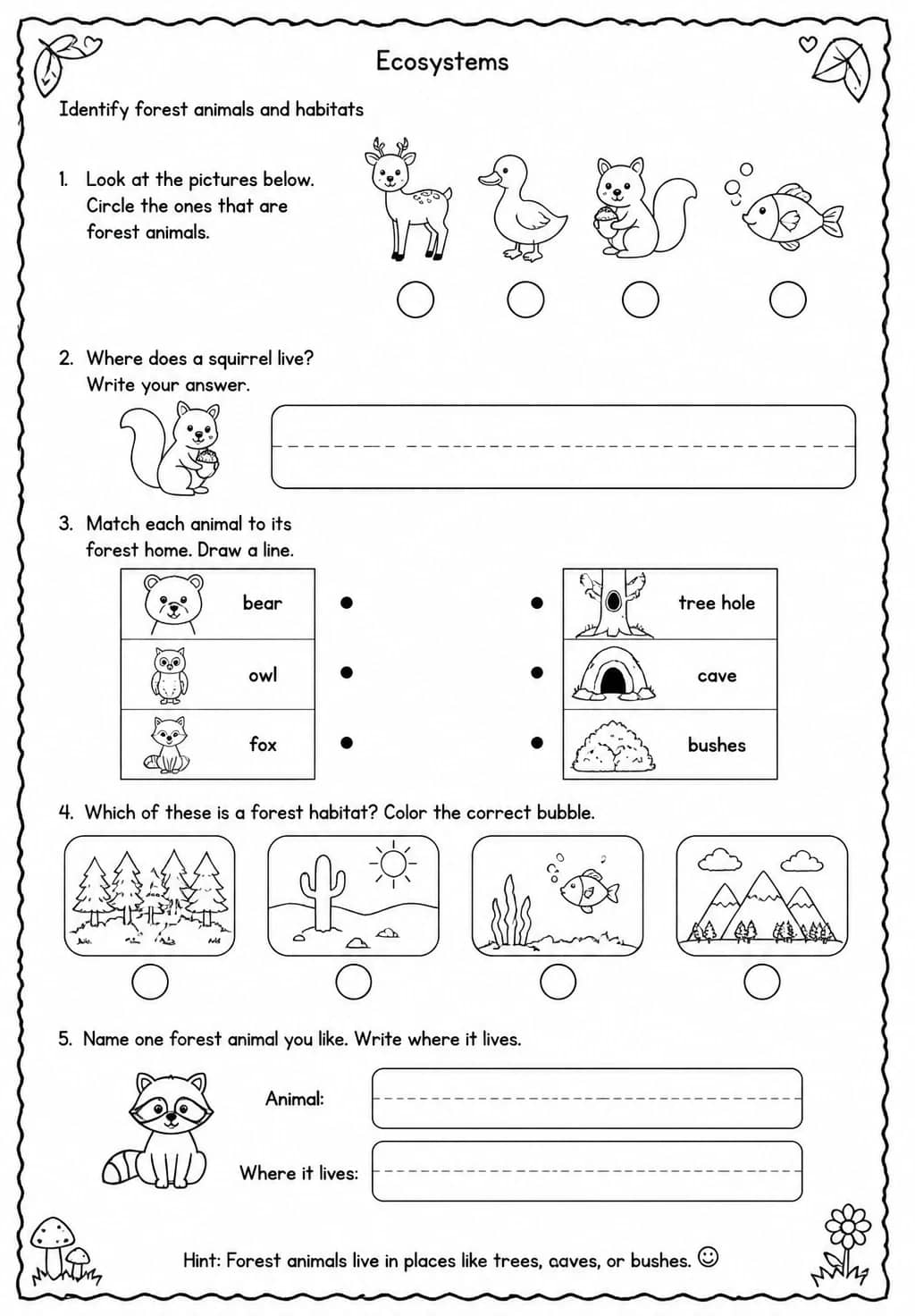 Identify forest animals and habitats — free printable Grade 1 Science worksheet