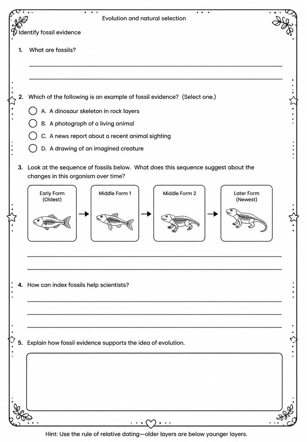 Identify fossil evidence — free printable Middle School Science worksheet