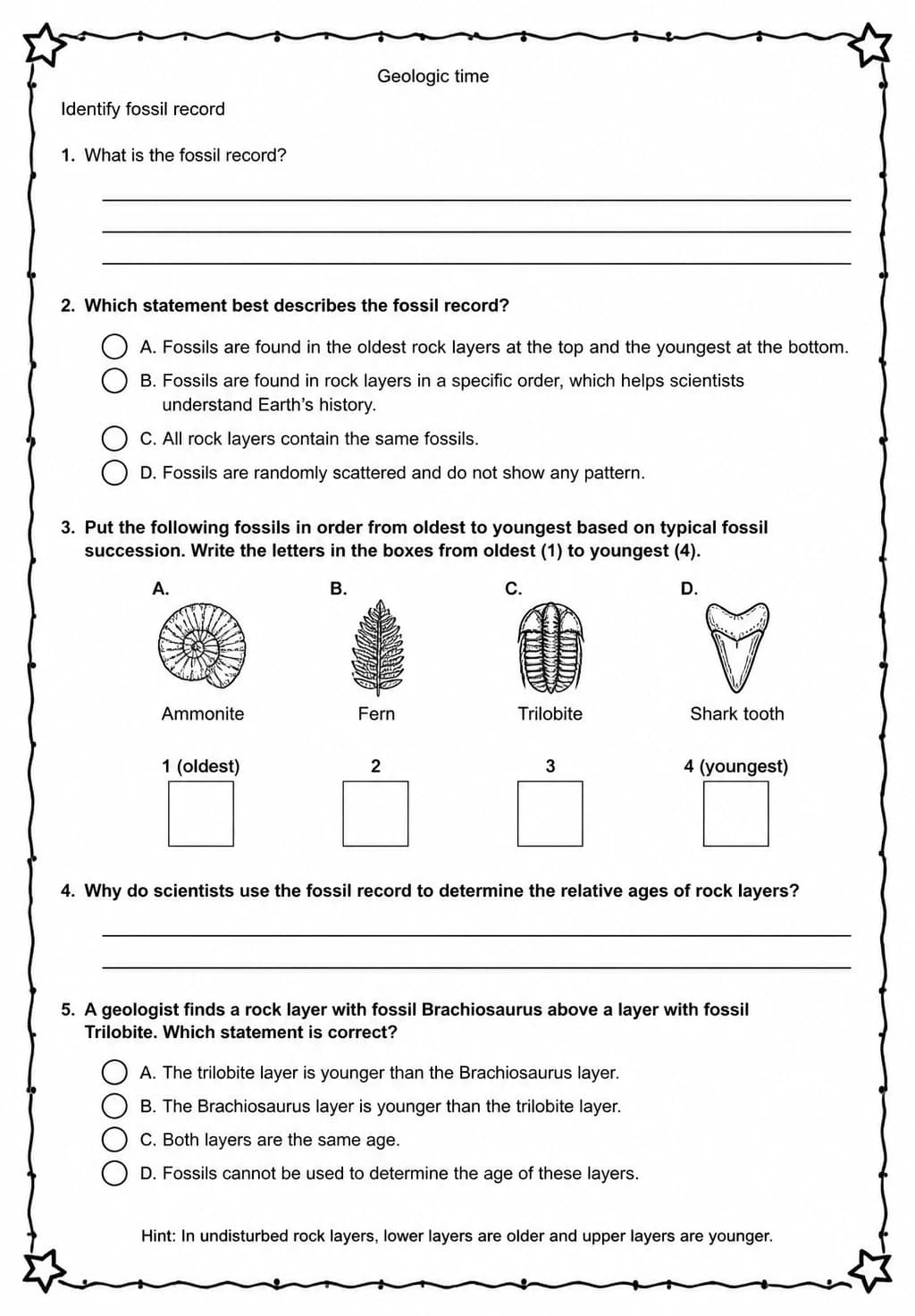 Identify fossil record — free printable Middle School Science worksheet