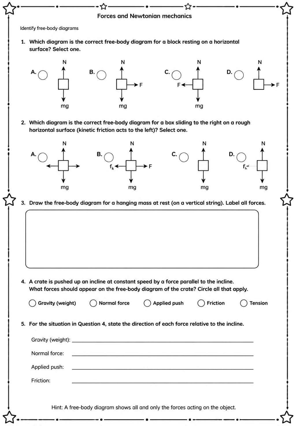 Identify free-body diagrams — free printable High School Science worksheet