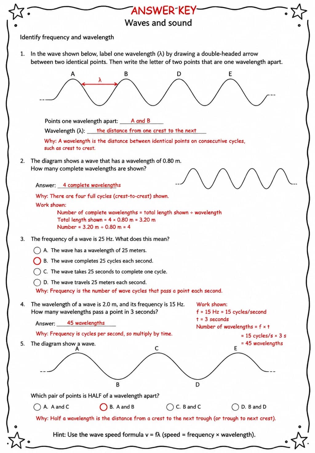 Answer key for Identify frequency and wavelength — free printable Science worksheet