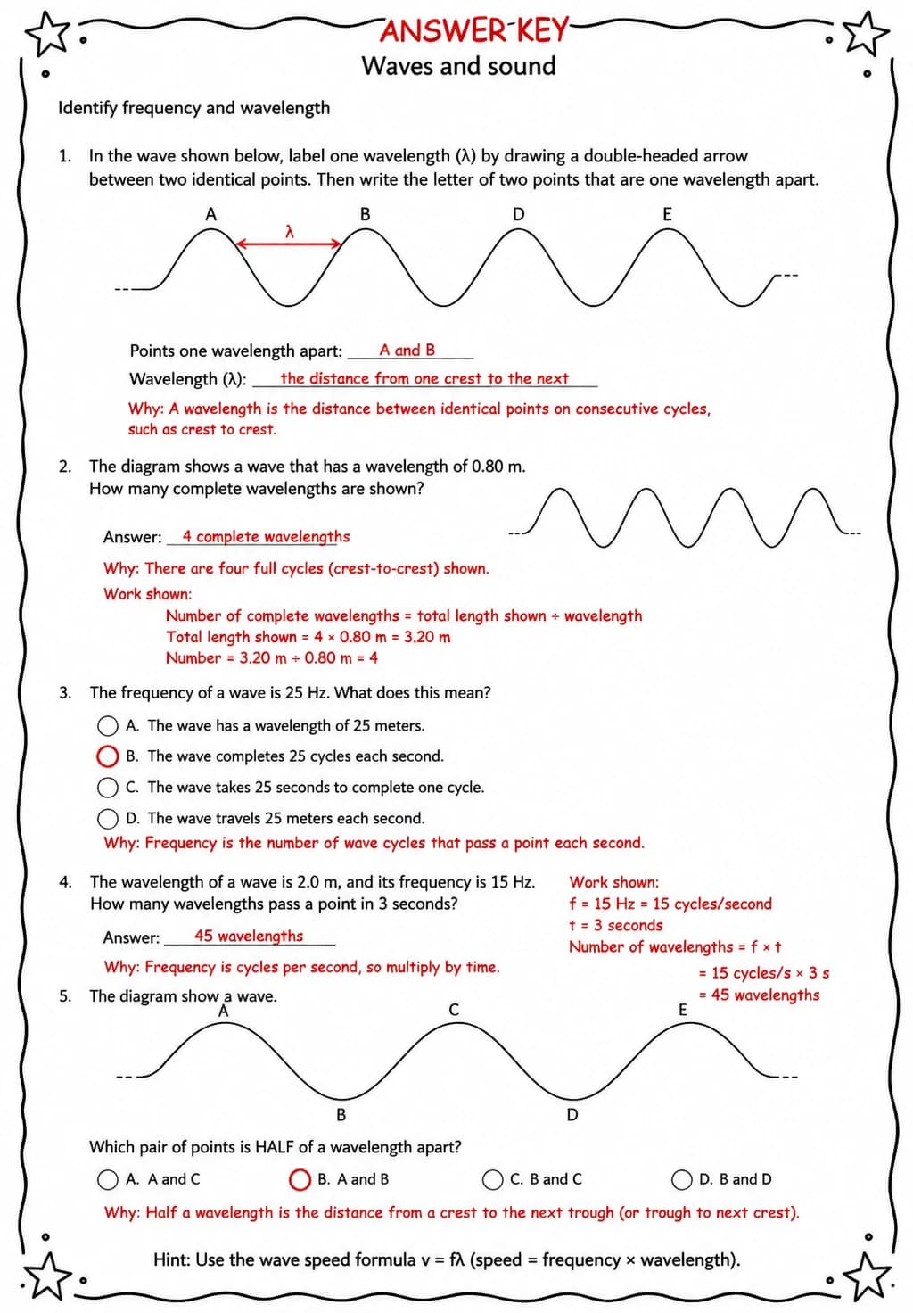 Answer key for Identify frequency and wavelength — free printable Science worksheet
