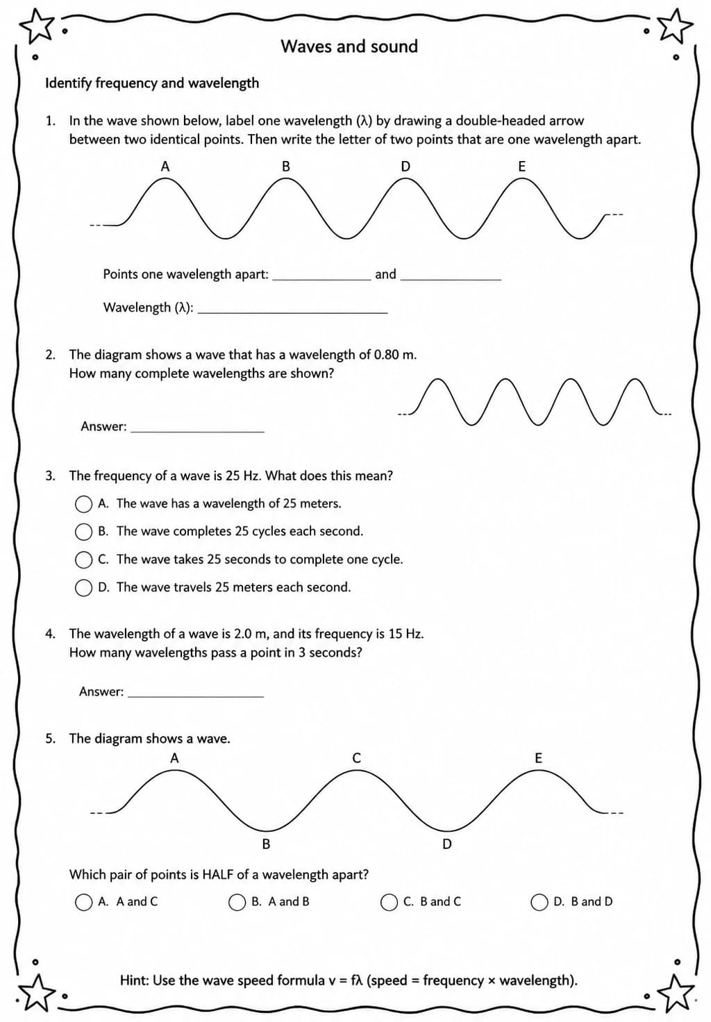 Identify frequency and wavelength — free printable High School Science worksheet