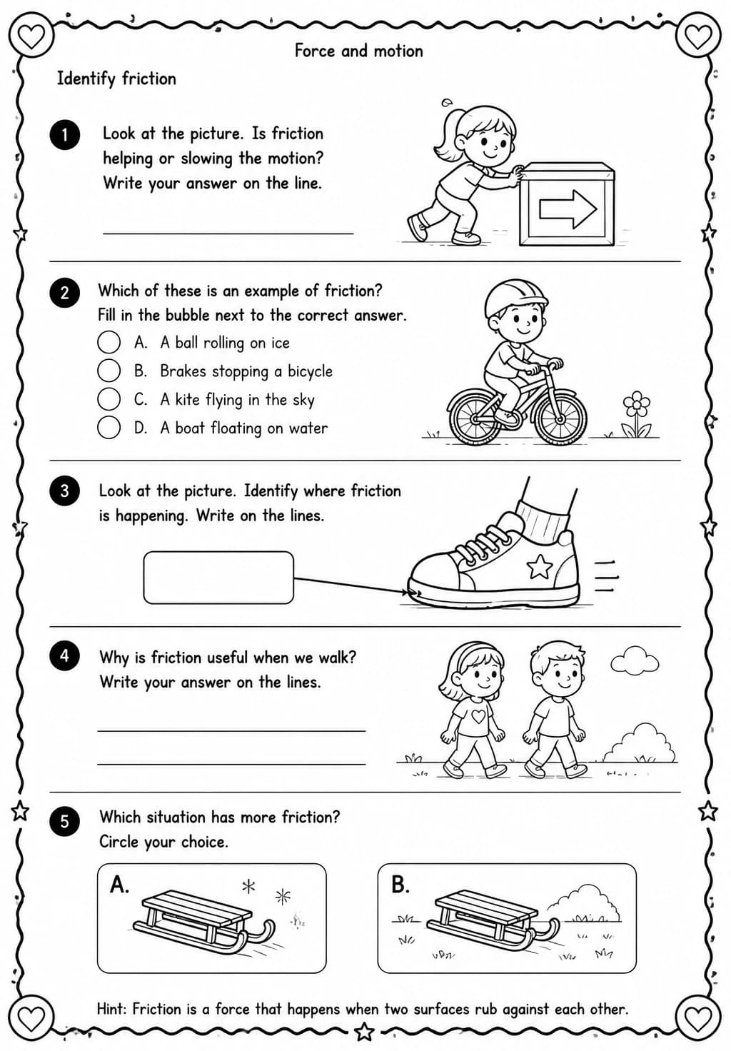 Identify friction — free printable Grade 2 Science worksheet