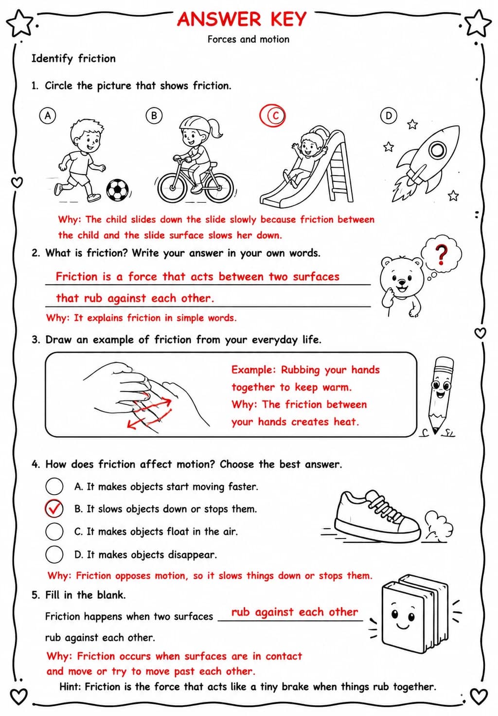 Answer key for Identify friction — free printable Science worksheet
