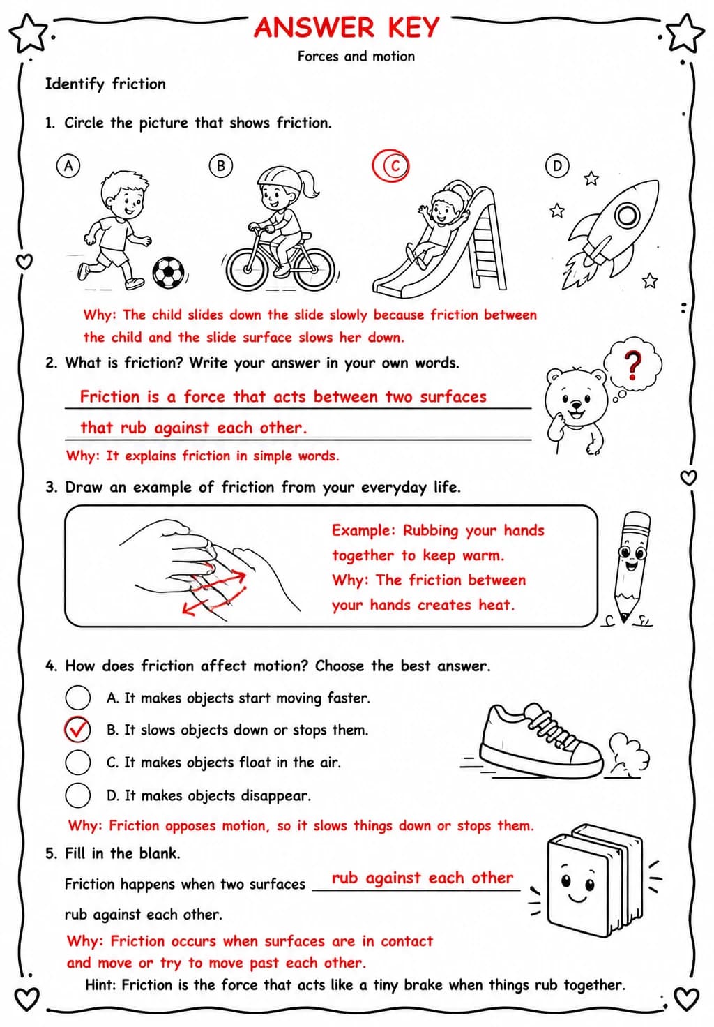 Answer key for Identify friction — free printable Science worksheet