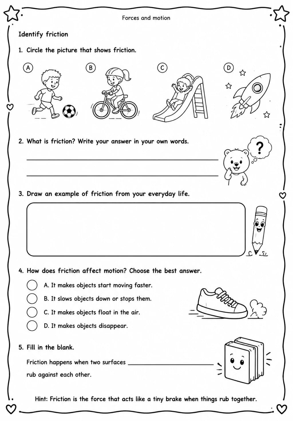 Identify friction — free printable Grade 4 Science worksheet