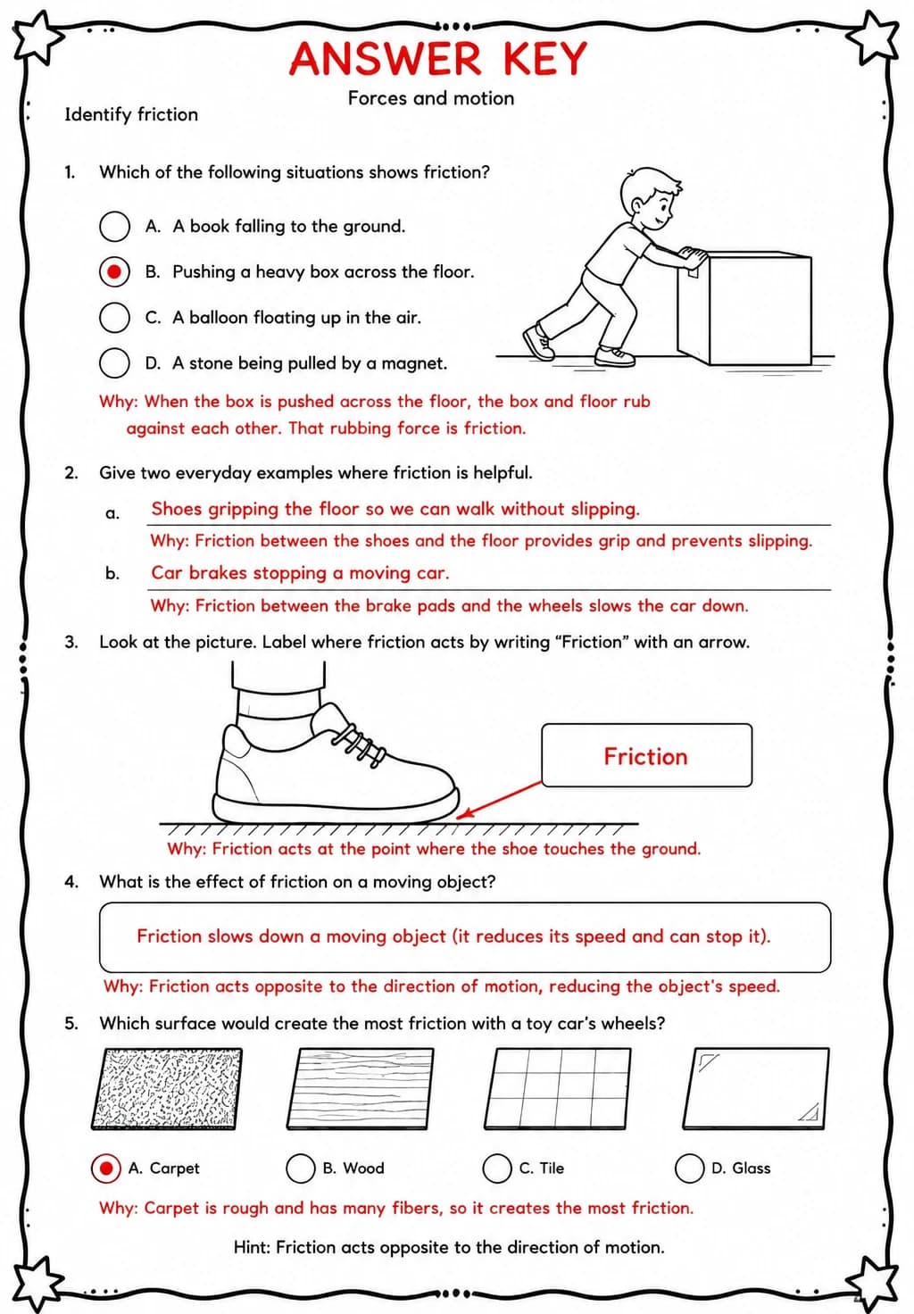 Answer key for Identify friction — free printable Science worksheet