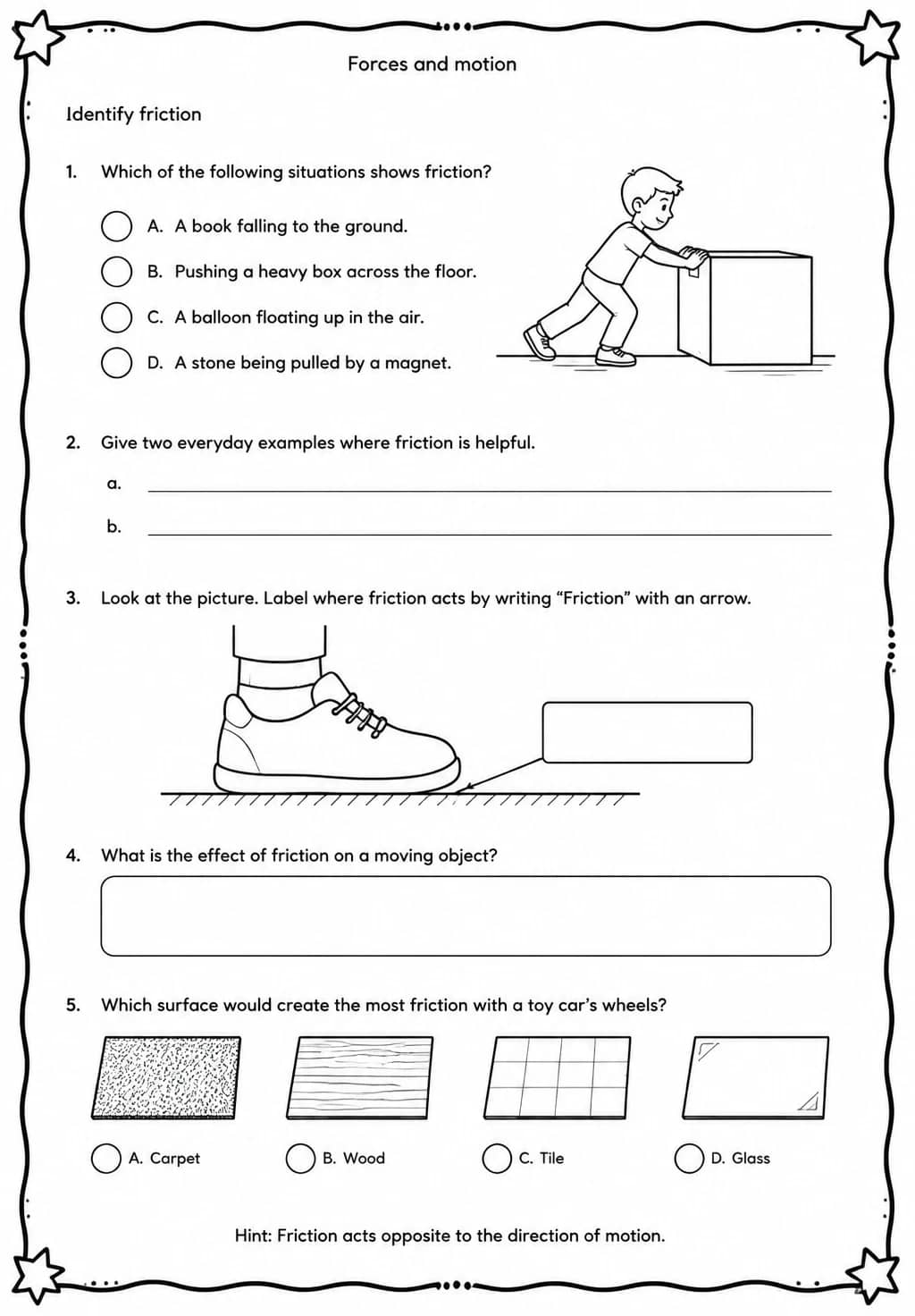 Identify friction — free printable Grade 5 Science worksheet