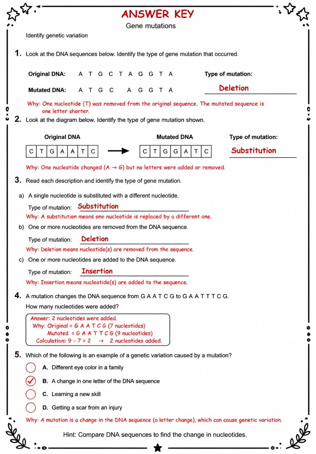 Answer key for Identify genetic variation — free printable Science worksheet