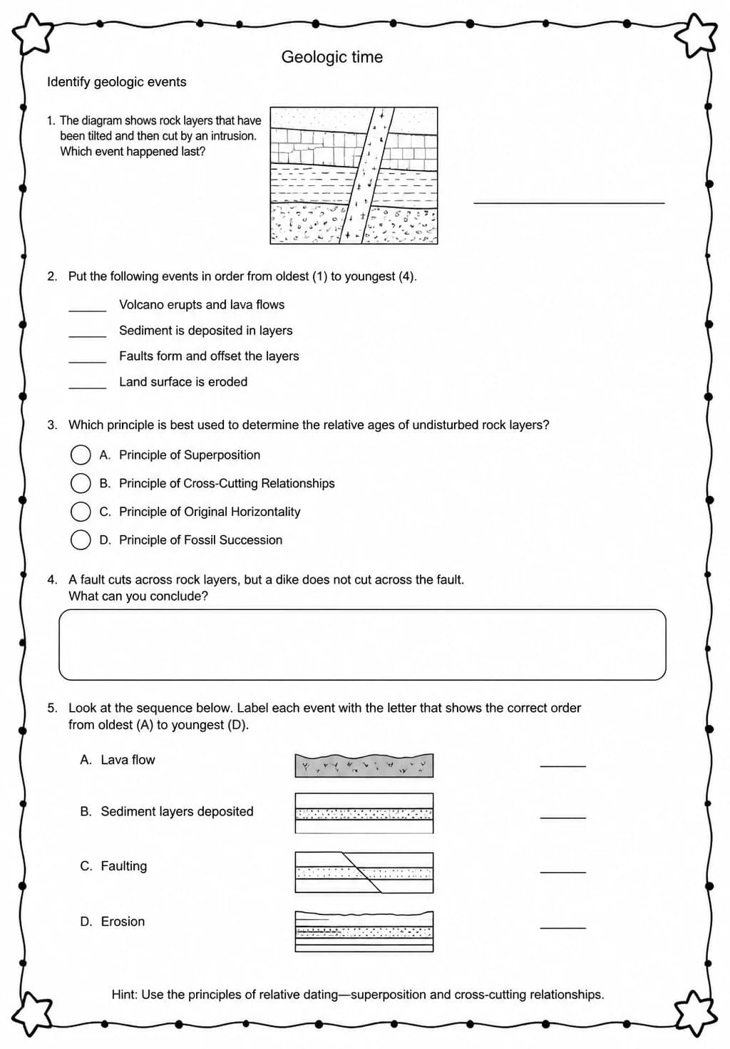 Identify geologic events — free printable Middle School Science worksheet