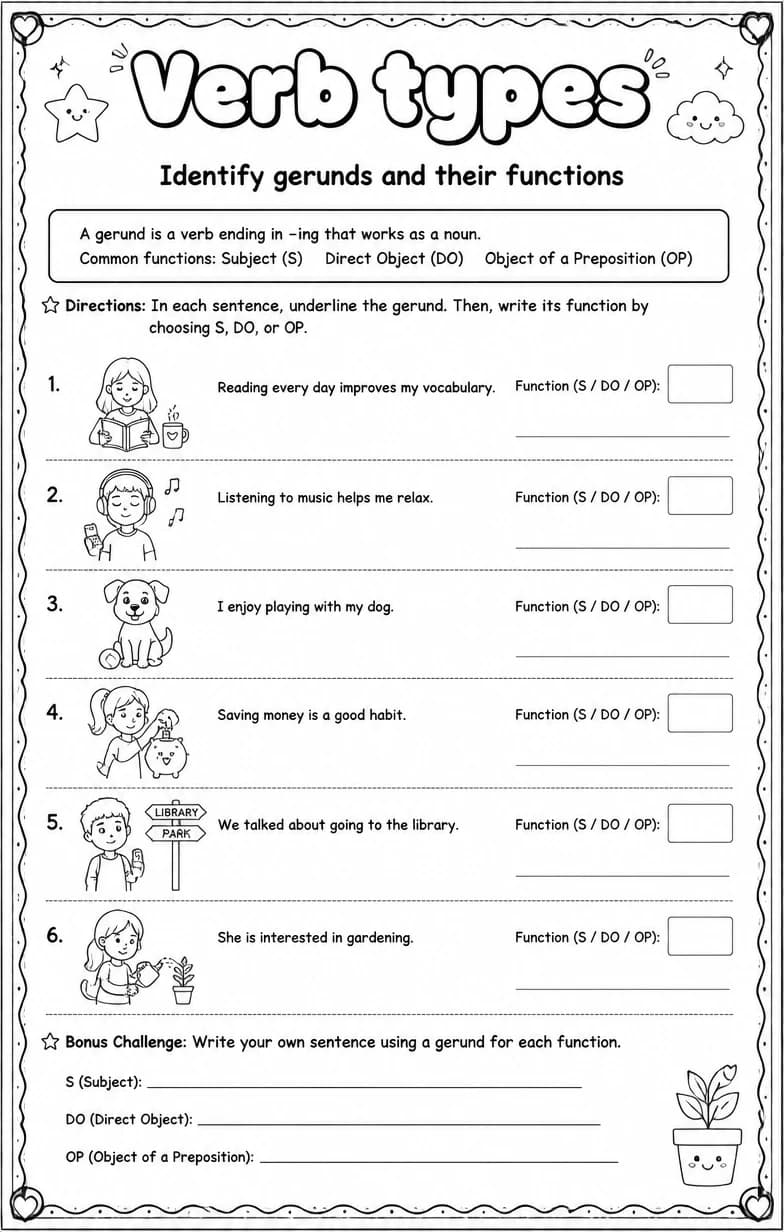 Identify gerunds and their functions — free printable Grammar and mechanics English worksheet