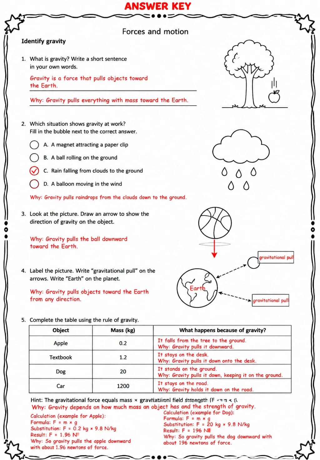 Answer key for Identify gravity — free printable Science worksheet