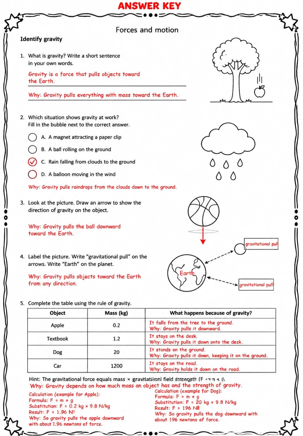 Answer key for Identify gravity — free printable Science worksheet