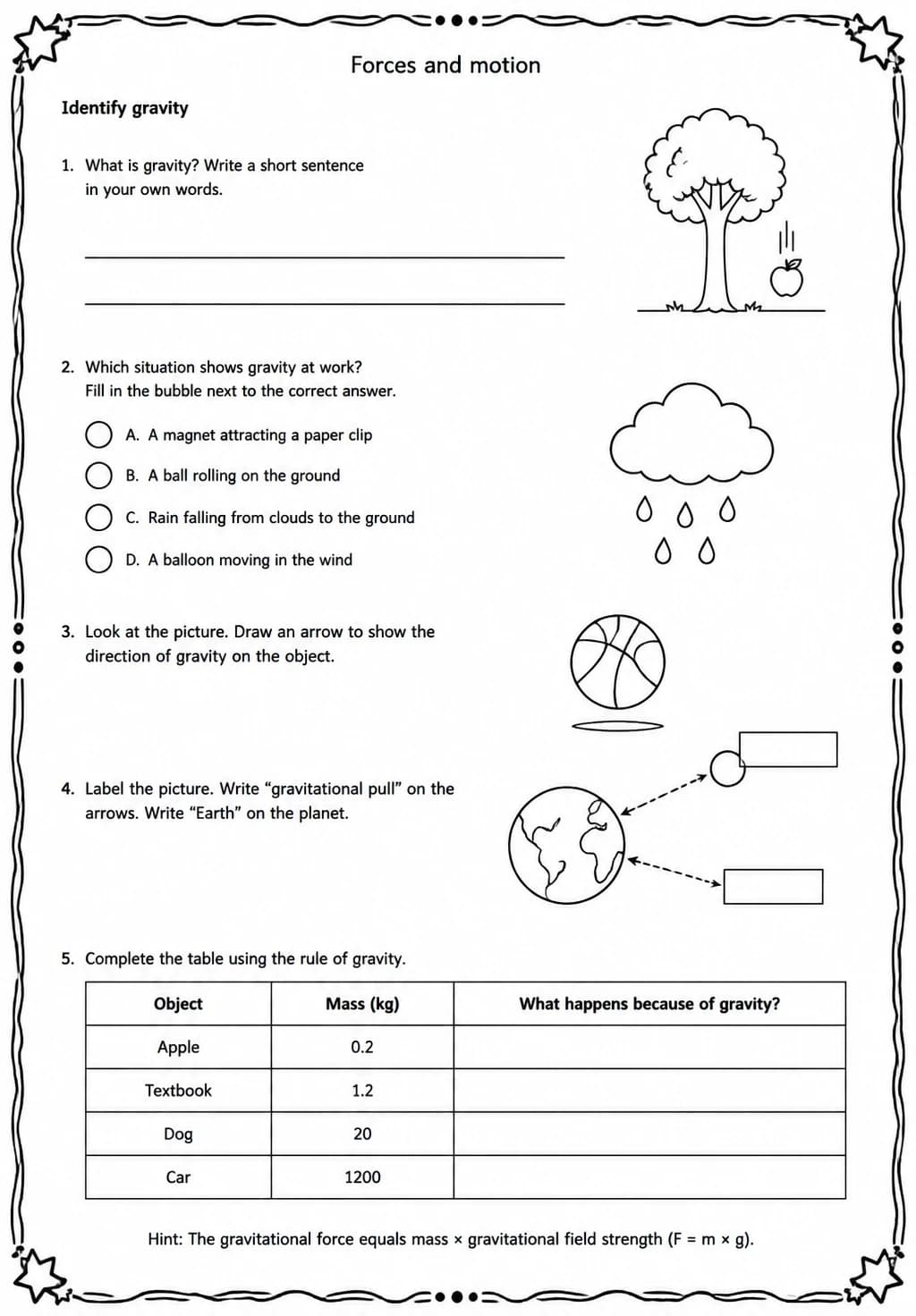 Identify gravity — free printable Grade 5 Science worksheet