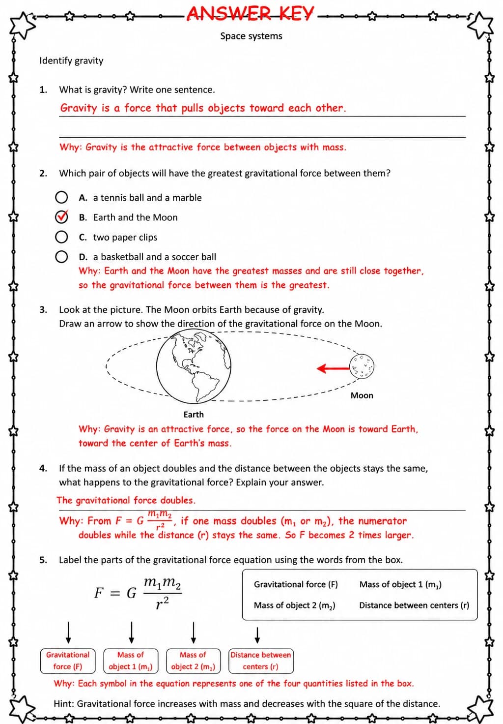 Answer key for Identify gravity — free printable Science worksheet