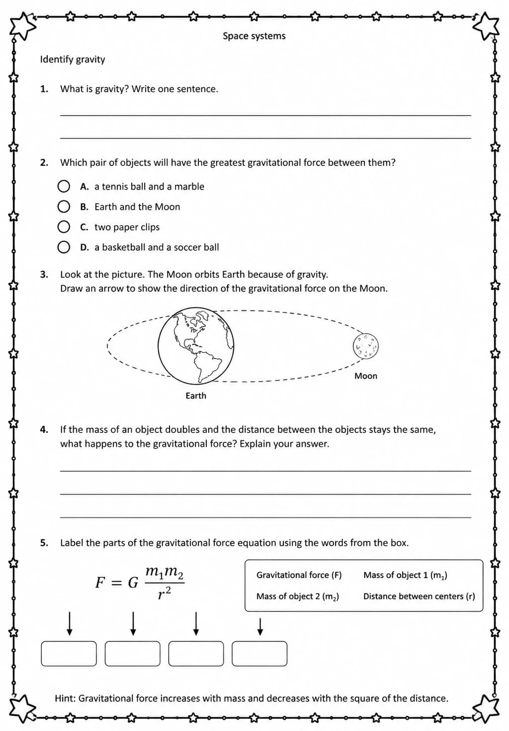 Identify gravity — free printable Middle School Science worksheet