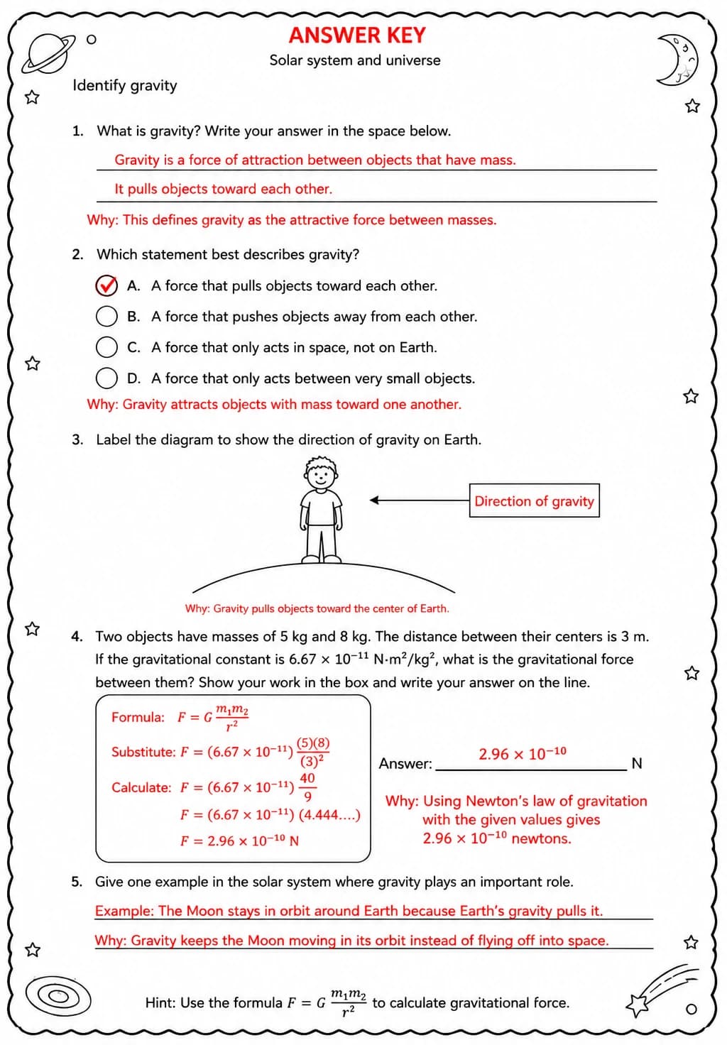 Answer key for Identify gravity — free printable Science worksheet