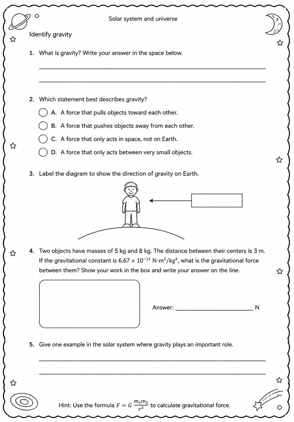 Identify gravity — free printable Middle School Science worksheet
