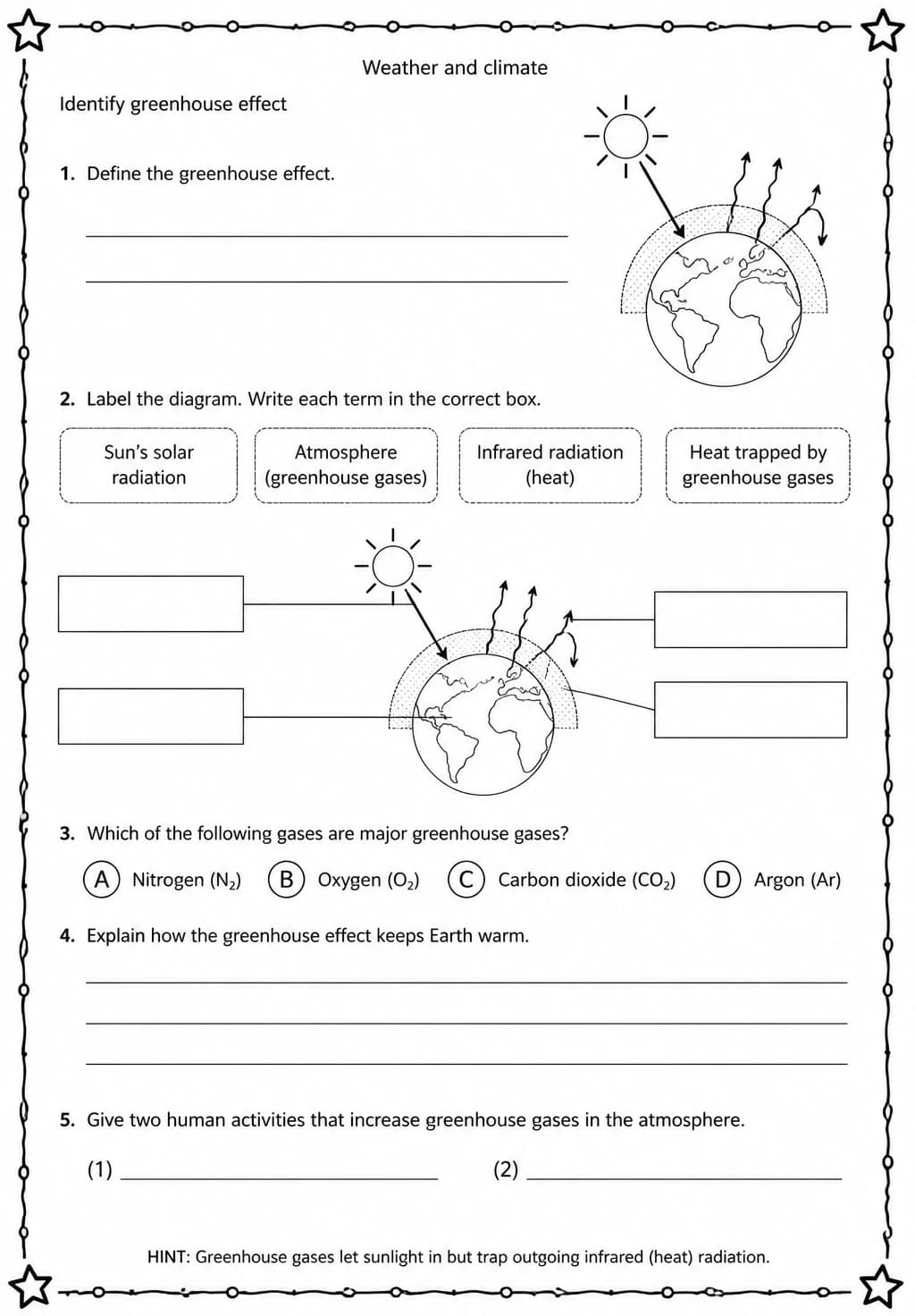 Identify greenhouse effect — free printable Middle School Science worksheet