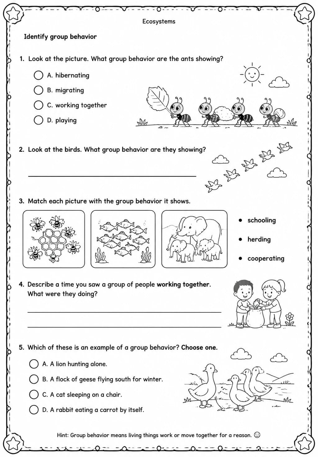 Identify group behavior — free printable Grade 2 Science worksheet