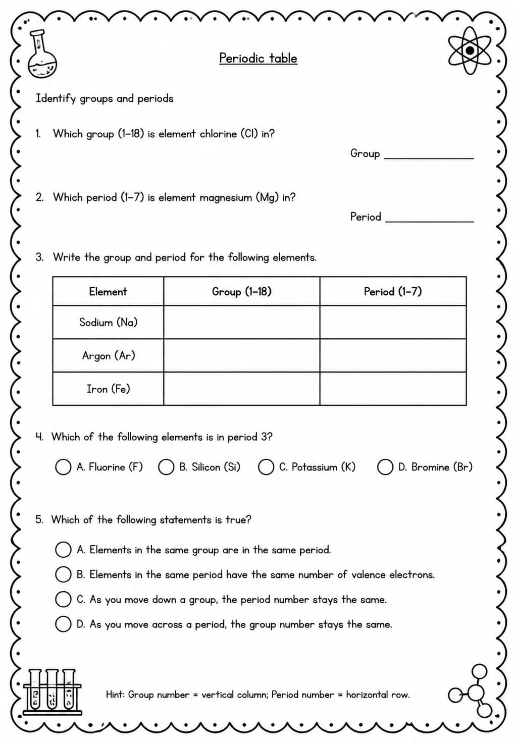 Identify groups and periods — free printable High School Science worksheet