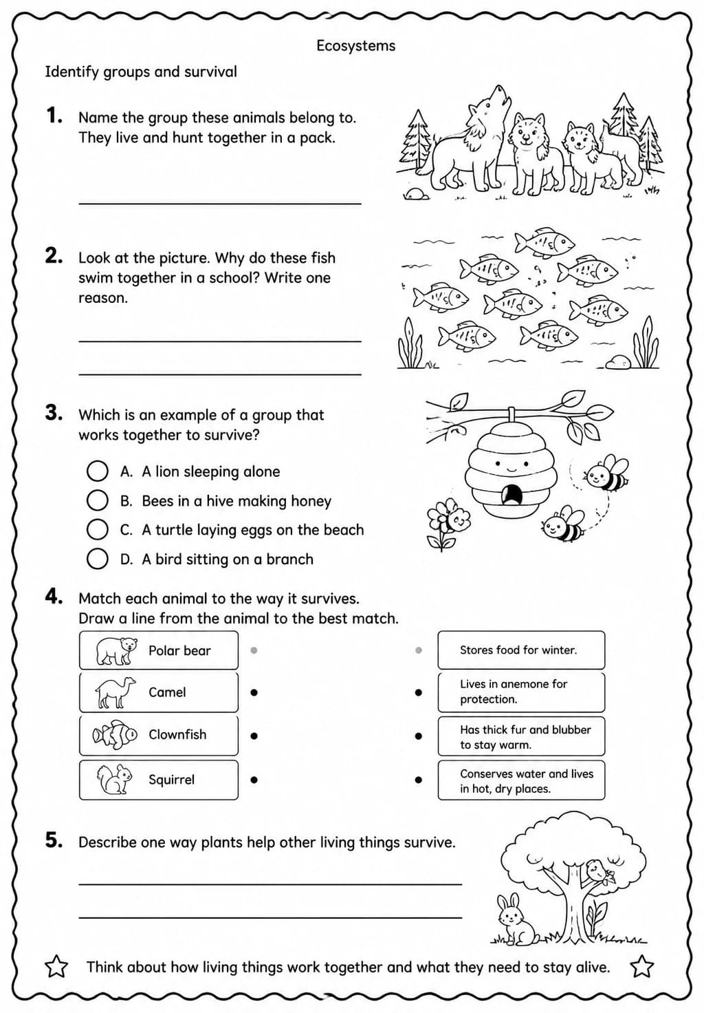 Identify groups and survival — free printable Grade 3 Science worksheet