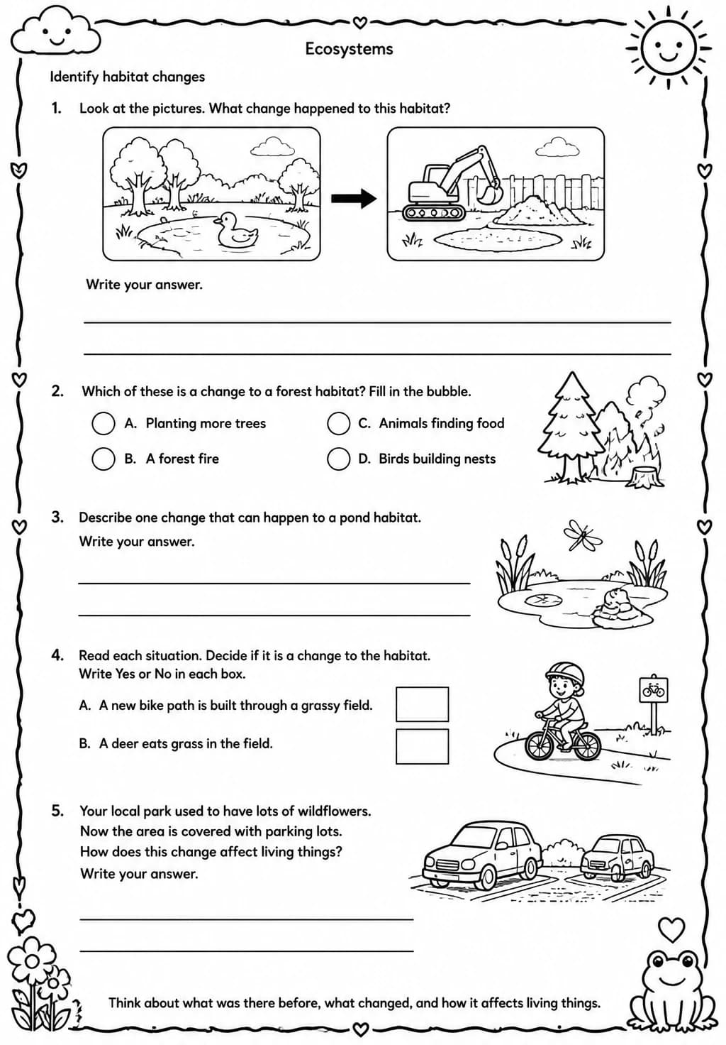Identify habitat changes — free printable Grade 3 Science worksheet