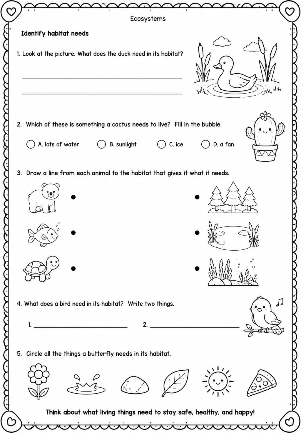 Identify habitat needs — free printable Grade 2 Science worksheet