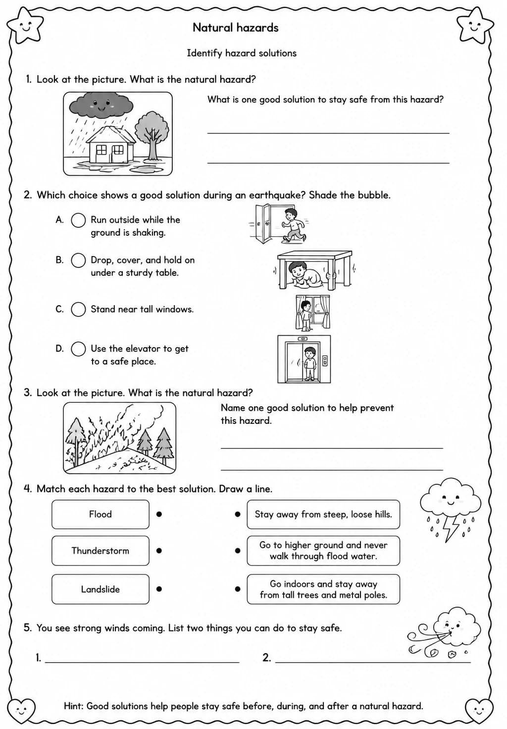 Identify hazard solutions — free printable Grade 3 Science worksheet